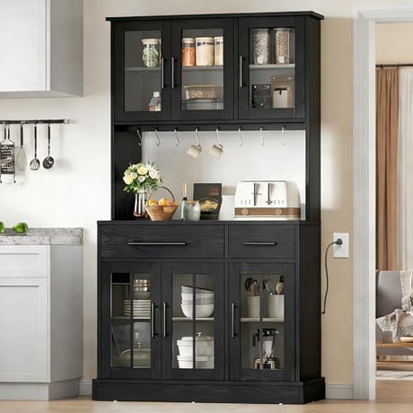 DWVO Kitchen Pantry Storage Cabinet with Microwave Stand, 71'' Tall Kitchen Hutch Cabinets with Power Outlet, Modern Food Pantry Hutch with Drawers ＆ Shelves for Home, Pack of 1, Black DWVO