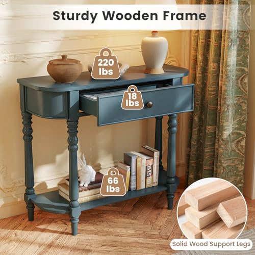Giantex 2-Tier Console Table, 36" Retro Entryway Table with Storage Drawer & Elegant Legs, Narrow Wooden Sofa Table with Open Shelf for Living Room, Foyer, Hallway, Bedroom, Entrance (Blue) Giantex