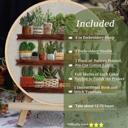 FONNUY Green Plant Embroidery Kit, Petite Potted Plants Patterns, Cross Stitch Kits for Adults and Beginners, Handmade Crafts with Printed Pattern Set, Thread Needlework, 8'' Hoop (Greeen A02)