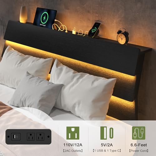 Feonase Floating Bed Frame Queen Size with Led Lights and Charging Station, Wood Queen Bed Frame with Storage Headboard, Heavy Duty Metal Slats, No Box Spring Needed, Easy Assembly, Black Feonase