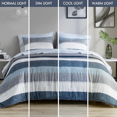 Madison Park Essentials Jaxon Twin Comforter Set, Bed In A Bag Comforter & Sheet Set, Modern Casual Stripes Print, All Seasons, Soft Microfiber Bedding Makeover, Matching Sham, Twin, Blue/Grey 5 Piece Madison Park