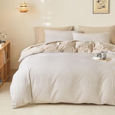 Wake In Cloud - Striped Comforter Set, Ticking Stripe Vertical Pinstripe Neutral Farmhouse Pattern Printed, Soft Lightweight Bedding, 3 Pieces, Light Brown White, Twin/Twin XL Size Wake In Cloud