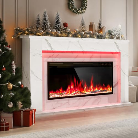 60 Inch Electric Fireplace with Mantel, Replaceable 42”Fireplace Insert Heater, 3D Realistic Log and Flame Effect, Timer, White Marble Finish for Living Room Bedroom Eshoma