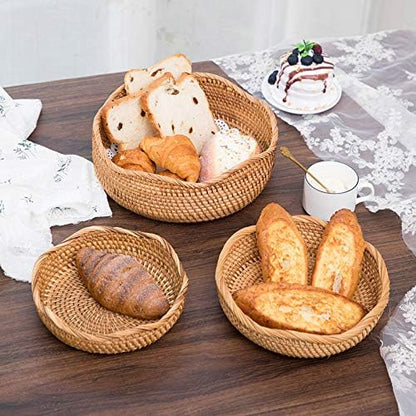 YANGQIHOME Rattan Bread Basket, Round Fruit Baskets, Wicker Storage Bowls, Natural Woven Serving Basket Bowls, Decorative Baskets for Kitchen Counter Organizing, Gift Basket, Set of 3