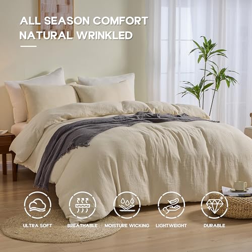 Simple&Opulence Linen Muslin Duvet Cover Set Queen Size, 3Pcs Khaki Linen Cotton 3-Layer Gauze Minimalist Comforter Cover 88”x92”, Ultra Soft Breathable Seersucker Bedding Set with 2 Pillowcases Simple&Opulence