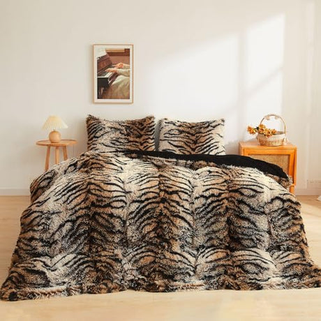 XeGe Tiger Print Fluffy Faux Fur Duvet Cover Set, 3 Pieces Soft Plush Shaggy Fuzzy Bedding Set(1 Faux Fur Animal Comforter Cover + 2 Furry Pillowcases), Zipper Closure(King, Tiger Print Brown) XeGe