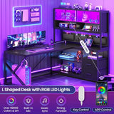 SEDETA L Shaped Gaming Desk, Home Office Computer Desk with 2 Drawer and Bookshelf, L Shaped Gaming Desk with LED Light, Glass Cabinet and Storage Bag, Corner Desk with Storage Shelves, Black SEDETA