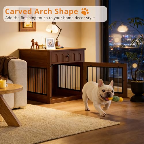 IRONCK Dog Crate Furniture, Wooden Dog Crate with Drawer and Flip-Top Storage, Indoor Dog House End Table for Small Breeds, for Living Room, Bedroom, Walnut IRONCK