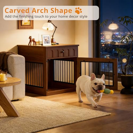 IRONCK Dog Crate Furniture, Wooden Dog Crate with Drawer and Flip-Top Storage, Indoor Dog House End Table for Small Breeds, for Living Room, Bedroom, Walnut IRONCK