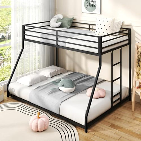 Zevemomo Twin Over Full Bunk Bed, Metal Low Profile Bunkbeds with Full-Length Guardrail and Ladder, Space Saving, No Boxing Spring Needed, Black Zevemomo