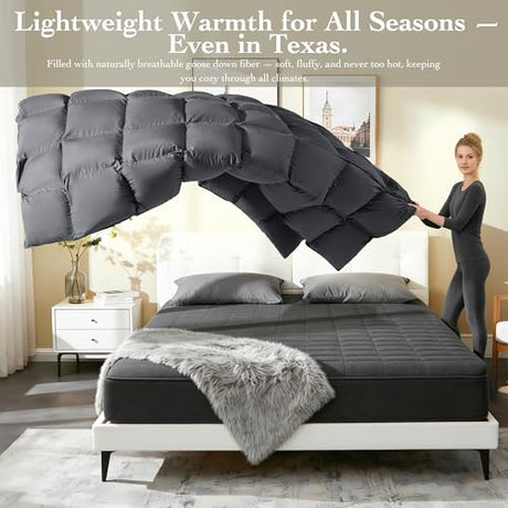 Gehtmnl Goose Down Fiber Comforter Queen Size – All Season Naturally Breathable Down Comforters, Luxury Hotel Collection Duvet Insert with 8 Corner Tabs, Cotton Fabric & Baffle Box (Dark Gray,50oz) Gehtmnl