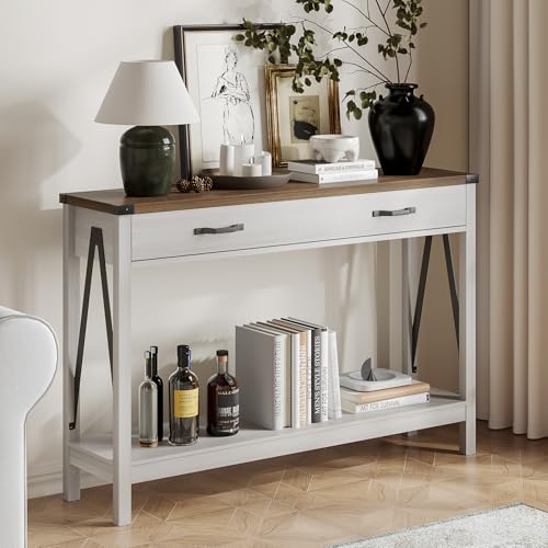 ChooChoo 47'' Farmhouse Console Table with Drawer, Entryway Table with Storage Shelf, Rustic A-Design Sofa Table for Hallway, Entrance, Living Room, White&Brown ChooChoo