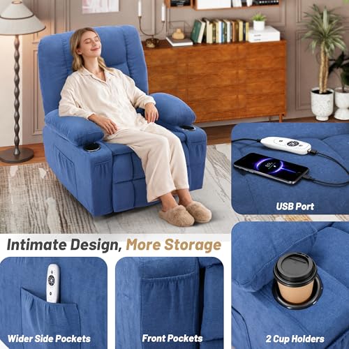 Oversized Swivel Rocker Recliner Chair with Massage & Heat,Nursery Rocking Chairs for Living Room,Ergonomic Relining Chair with Cup Holders,USB Charge Port,Side Pockets,Recliner Chair for Adults,Blue