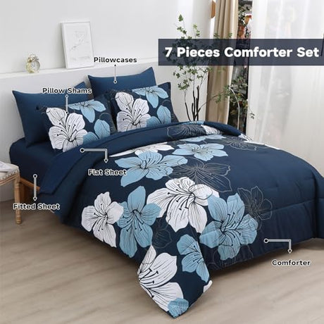 Luxudecor Navy Blue Comforter Set Queen Size, 7 Pieces Bed in a Bag Navy Blue Floral Comforter and Sheet Set, Soft Microfiber Complete Bedding Sets for All Seasons Luxudecor