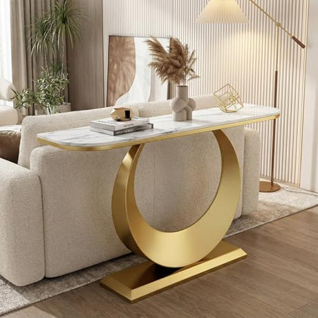 MISXEOE Modern Luxury Console Table, 47.2" Sintered Stone Entryway Table with Sculptural Metal Base, Narrow Sofa Table Behind Couch for Living Room, Hallway, Foyer(White+Gold,39.3"x11.8"x31.5") MISXEOE