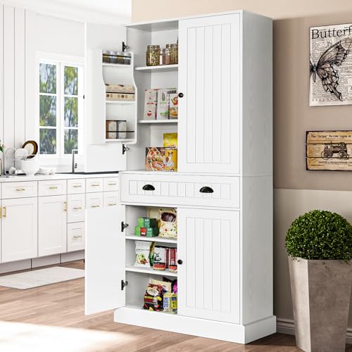 4 EVER WINNER Kitchen Pantry Storage Cabinet with 6 Door Shelves, 72" Tall Cupboard with 4 Adjustable Shelves and Large Drawers, Modern Food Pantry Cabinet for Kitchen, Dinning Living Room, White 4 EVER WINNER
