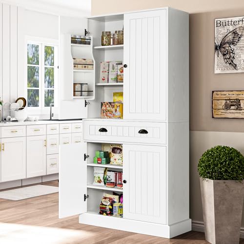 4 EVER WINNER Kitchen Pantry Storage Cabinet with 6 Door Shelves, 72" Tall Cupboard with 4 Adjustable Shelves and Large Drawers, Modern Food Pantry Cabinet for Kitchen, Dinning Living Room, White