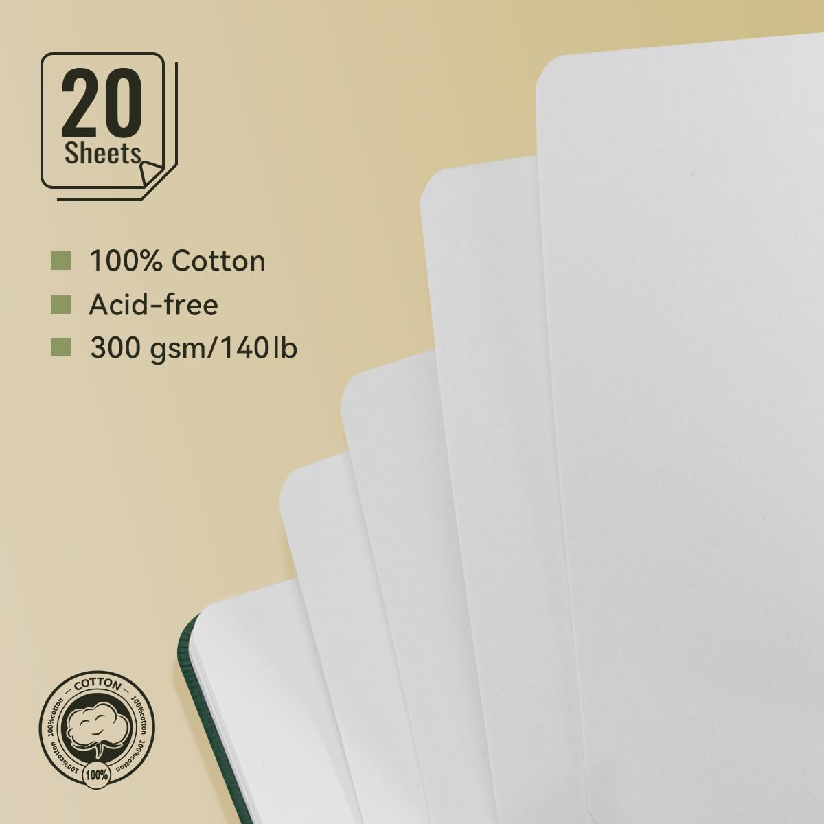 Lightwish Square Watercolor Journal, 100% Cotton Hot Press Small Watercolor Paper Sketchbook 4.72” x 4.72”, 20 Sheets (140lb/300gsm), Acid-Free for Watercolors, Gouache, Acrylics LIGHTWISH