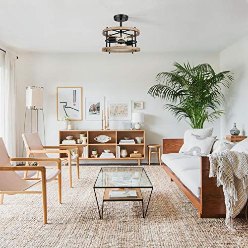 Lakumu 2-Light Retro Semi Flush Mount Ceiling Light Fixture, Rustic Vintage Wood Ceiling Light Black Metal, Industrial Farmhouse Ceiling Lamp for Hallway Entryway Bedroom Balcony Farmhouse Dining Room Lakumu