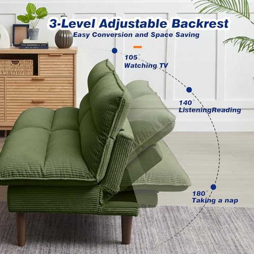 Chireca 72" Futon Sofa Bed, Convertible Futon Couch with Adjustable Backrest, Modern Corduroy Sleeper Sofa for Small Spaces, Living Room, Office, Green Chireca