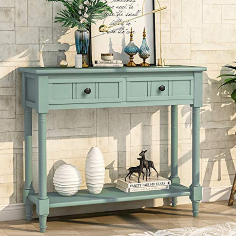 Knocbel Antique Entry Console Table with Drawers & Bottom Open Shelf, Wood Sofa Tables for Entryway Hallway Living Room, 35.43" W x 13.8" D x 30.25" H, Retro Blue Knocbel
