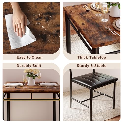 IRONCK Dining Table Set for 2, Small Kitchen Table with Upholstered Chairs Dinning Table Set for Kitchen & Dining Room, Compact Dining Set for Small Spaces, Rustic Brown IRONCK