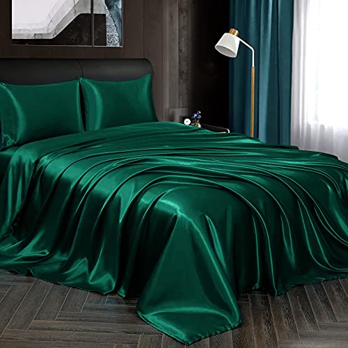 Homiest 4pcs Satin Sheets Set Luxury Silky Satin Bedding Set with Deep Pocket, 1 Fitted Sheet + 1 Flat Sheet + 2 Pillowcases (Queen Size, Blackish Green) Homiest