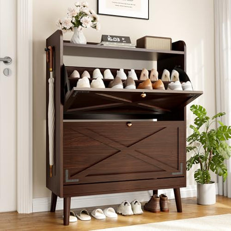 Wanfuder Shoe Storage Cabinet with 2 Flip Drawers & Adjustable Shelves,Narrow Shoe Cabinet Storage with Doors Side Hooks Wooden Shoe Rack Cabinet for Entryway,Hallway,Rustic Brown Wanfuder