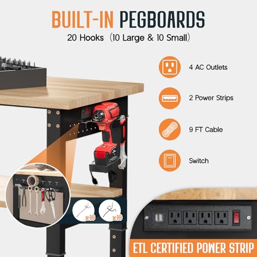 SPECRAFT 48"x20" 2-Tier Adjustable Workbench with 4 AC Outlet and 2 USB Ports Power Outlets, 2500 Lbs Capacity Heavy Duty Workbench, Rubber Wood Top for Garage, Workshop, Office SPECRAFT