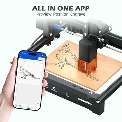 Genmitsu Laser Engraver Machine Kortek 2.5W 2500mW, Wireless APP Supported, ±0.01mm High Precision, Portable Laser Engraving Machine for DIY Wood, Acrylic, Leather, Glass, Metal, Fiber, Safety Class 1 Genmitsu