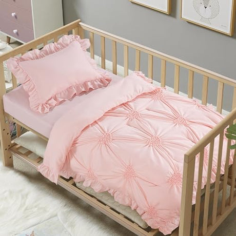 HOMBYS 3 Pieces Princess Pink CribBedding Set for Baby Girls, Ultra Soft Blush Pinch Pleat Comforter Set with Ruffles for All Season HOMBYS