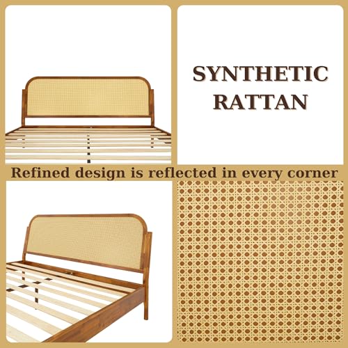 Bme Aurelia King Solid Wood Bed Frame with Rattan Headboard – Bohemian & Mid Century Modern Luxury Bme