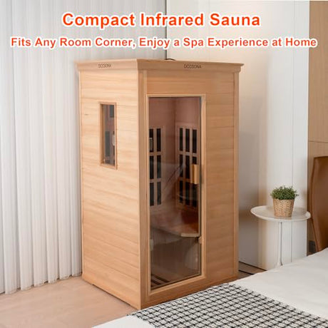 1-Person Far Infrared Sauna with Red Light Therapy – Compact Canadian Hemlock Wood Indoor Home Spa, 4 Fast Heating Panels (1000W 110V), Bluetooth, 7-Color LED & Timer – 65.4" Tall (Fits Small Spaces) DCCSONA
