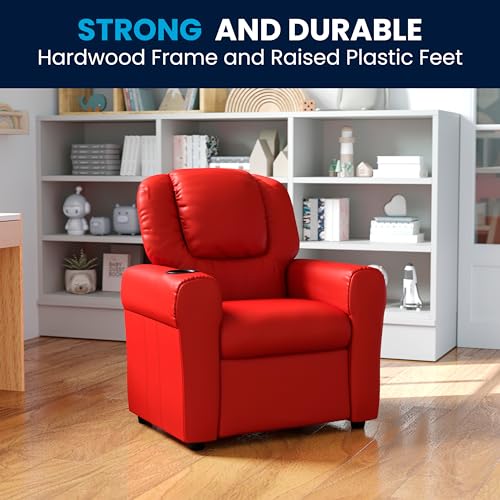 Flash Furniture Vana Vinyl Kids Recliner with Cup Holder, Headrest, and Safety Recline, Contemporary Reclining Chair for Kids, Supports up to 90 lbs., Red