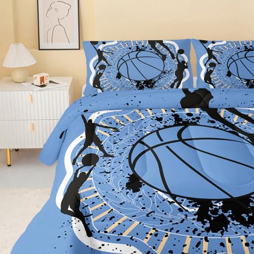 QOOMO Basketball Comforter Set for Kids Teens Boys,Blue Ball Kids Comforter,1 Comforter with 2 Pillowcase, Microfiber 3 Piece Bedding Set,Soft and Lightweight(Blue，Full Size) QOOMO