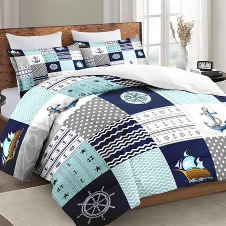 WeCozy Twin Size Comforter Set with Pillowcase, Nautical Blue Marine Summer 2 Pcs Bedding for Kids and Adults, Sea Ocean Boat Plaid Soft Comforter Set for Bedroom Bed Decor WeCozy