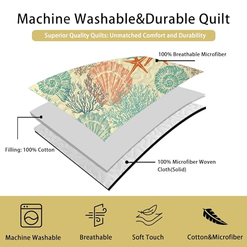 Tritard 3 Piece Coastal Quilt Sets Full/Queen Size - Reversible Microfiber Quilts with 2 Shams Soft Lightweight Beach Bedding Nautical Bedspread Coverlet Summer Comforter for All Season, 90''x96'', C4 Tritard