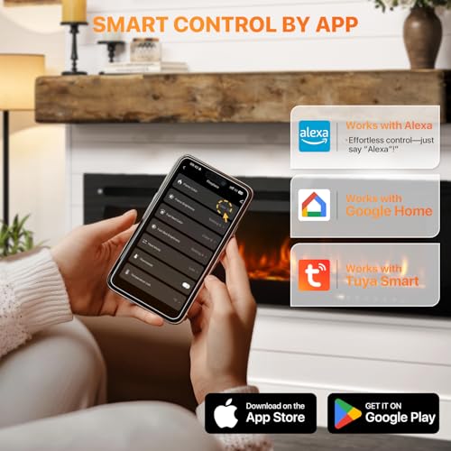 OneBlis 60” Smart Electric Fireplace Heater, Wide Recessed/Wall Mounted Electric Fireplace, Remote Control with Timer, 12 Adjustable Color Flame, Log Set & with Crystal Stone, 750/1500W OneBlis
