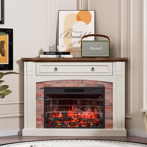 AHB Corner TV Stand with Remote Control, Electric Fireplace with Wooden Mantel, Entertainment Center with Efficient Heating System, Adjustable Brightness Realistic Flame(White) AHB