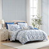 Laura Ashley - King Comforter Set, Reversible Cotton Bedding, Includes Matching Shams with Bonus Euro Shams & Throw Pills (Elise Blue, King) Laura Ashley