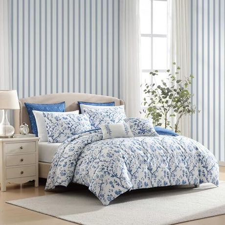 Laura Ashley - King Comforter Set, Reversible Cotton Bedding, Includes Matching Shams with Bonus Euro Shams & Throw Pills (Elise Blue, King) Laura Ashley