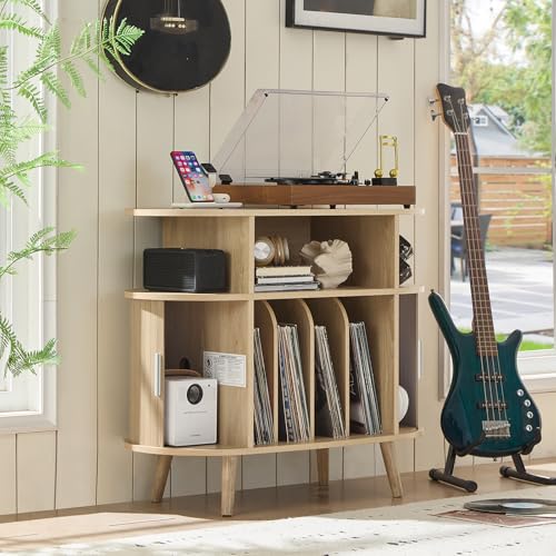 LELELINKY Large Round Record Player Stand with Charging Station & Fluted Display Shelf, Natural Mid Century Modern Turntable Cabinet with Vinyl Storage, Arched Wood Record Player Table for Living Room LELELINKY