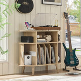LELELINKY Large Round Record Player Stand with Charging Station & Fluted Display Shelf, Natural Mid Century Modern Turntable Cabinet with Vinyl Storage, Arched Wood Record Player Table for Living Room LELELINKY