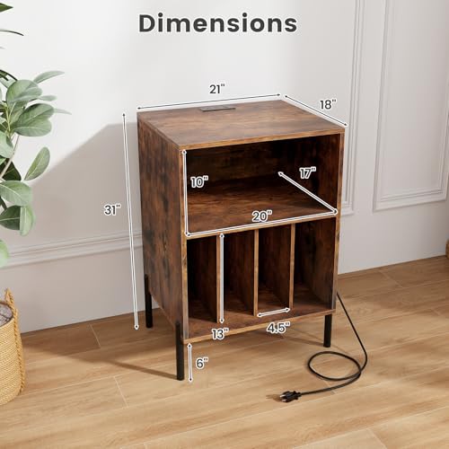 Giantex Record Player Stand with Charging Station, Turntable Stand with Storage Cabinet, Record Player Shelf with Metal Legs, Vinyl Record Storage up to 150 Albums for Living Room (Rustic Brown) Giantex