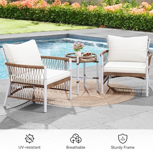 YITAHOME 3-Piece Outdoor Patio Furniture Wicker Bistro Set, All-Weather Rattan Conversation Chairs for Backyard, Balcony and Deck with Soft Cushions, Beige - WoodArtSupply