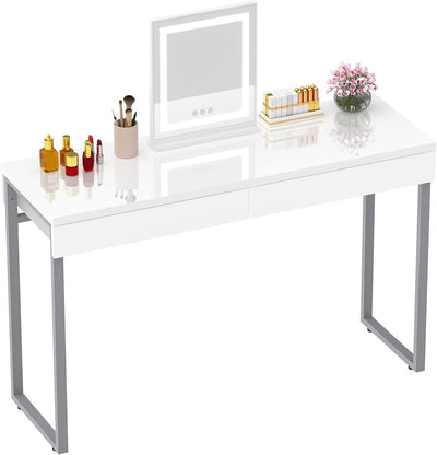 GreenForest Vanity Desk with 2 Drawers,47 inch White Desk with Glossy Desktop Easy Clean,Makeup Dressing Table with Metal Silver Legs for Home Office Small Spaces,Bedroom