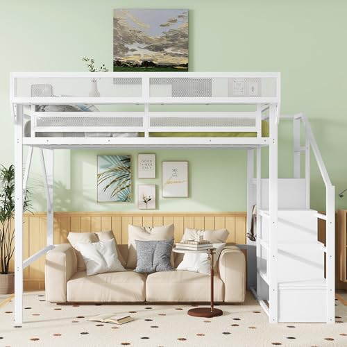 KEIKI Queen Size Metal Loft Bed Frame with Convertible Staircase, Built-in Storage Shelves & Wardrobe, Loft Bed with Solid Slats & Guardrail, No Box Spring Required, Easy Assembly, for Bedroom, White KEIKI