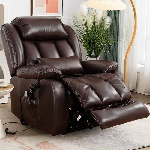 EDILLY XL Large Genuine Leather Lift Chair Recliner for Elderly, Dual Motor with Massage and Heating,with Double Lumbar Cushion and Extended Footrest,USB Port and Remote,Seat Width 26"(Brown)