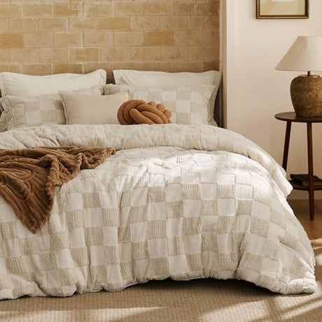Bedsure Twin/Twin XL Size Comforter Set Beige, Boho Tufted Bed Set, Checkered Farmhouse Shabby Chic Bedding, 2 Pieces, 1 Plaid Geometric Comforter and 1 Pillow Sham Bedsure