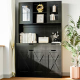 GTFURNI 71" Tall Kitchen Pantry Storage Cabinet Large Farmhouse Hutch Cabinet with Microwave Stand, Charging Station, Adjustable Shelves, Countertop for Dining Room, Living Room, Black GTFURNI